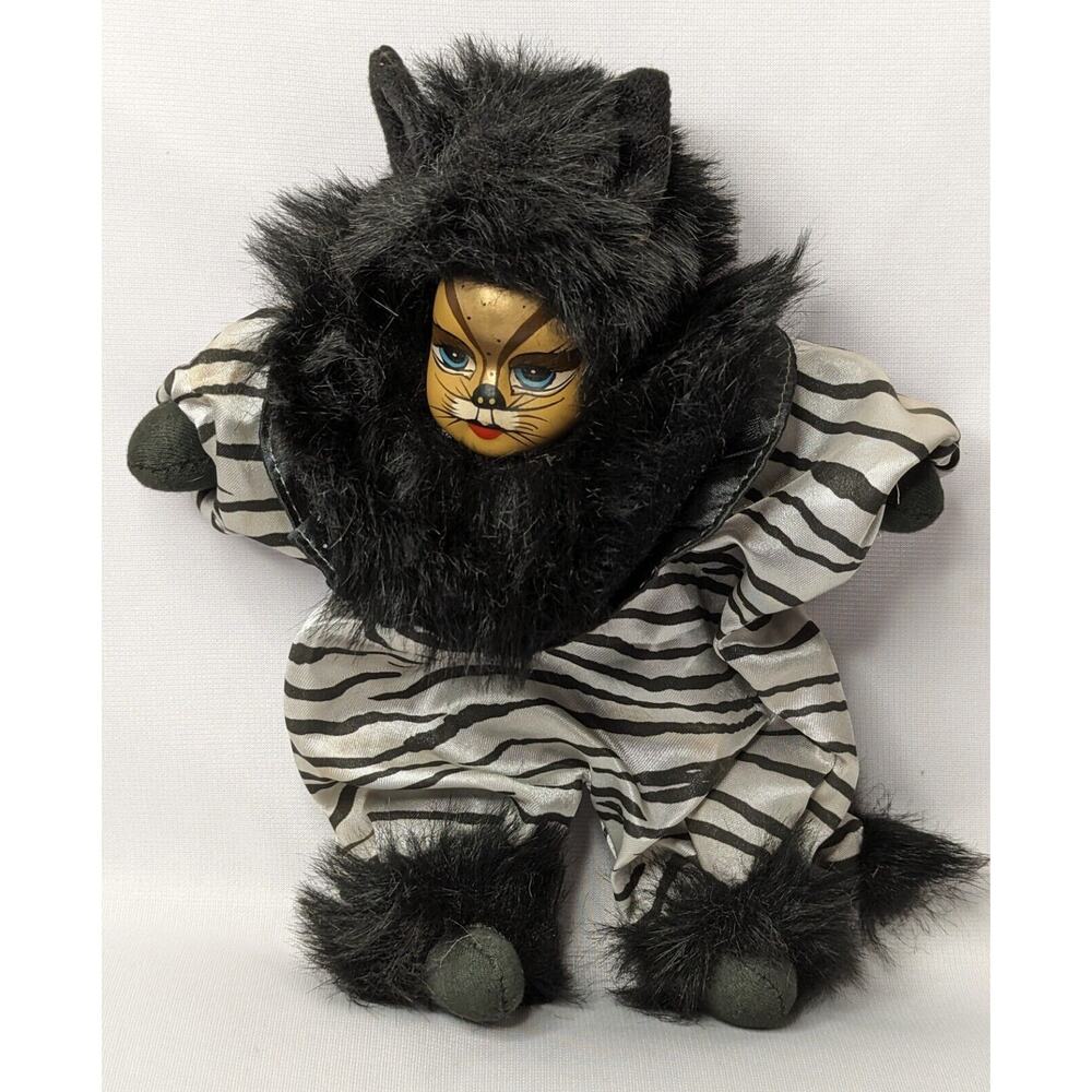 Porcelain Cat Doll American Musical Style Hand Painted Striped Satin Outfit 10"